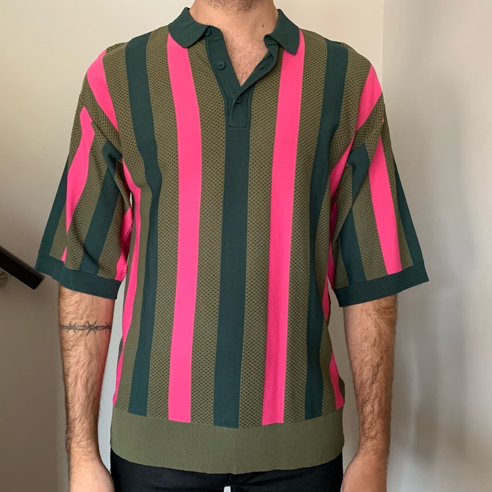 TOPMAN Mesh Striped Polo Sweater, oversized pink